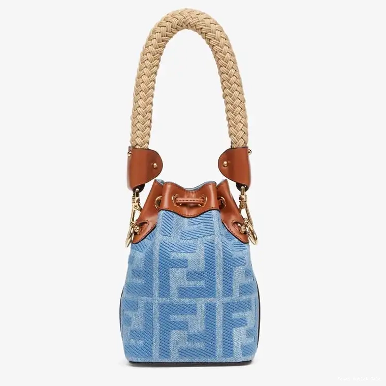 Affordable Handle Bucket Straw Bag In Mon Mini with FF Motif Fendi Tresor Blue Straw 0409